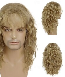 economico -Parrucche rock anni '80 da 20 pollici per uomini e donne, parrucca bionda lunga con frangia, costume anni '80, parrucche bionde ricce e ondulate, stile mullet rocker, disco punk