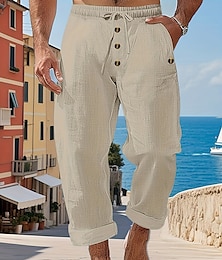 abordables -Homme Pantalons en Lin Pantalons Pantalon d'été Pantalons Amples Pantalons de Plage Taille Élastique Cordon de serrage Boutons Uni Confort Respirant Longueur complète Extérieur Occasionnel Quotidien