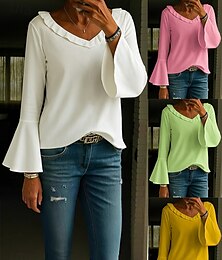 economico -Per donna Tunica Tinta unica Elegante Vintage Essenziale Manica Lunga Scollo a V Top Regolari Quotidiano Bianco Giallo Rosa Verde Primavera Autunno