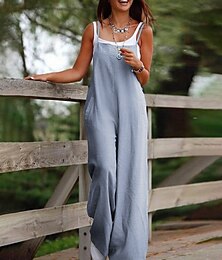 abordables -Combinaison femme coton lin pantalon normal décontracté couleur unie sans manches col rond poche rue sortie coupe classique noir vert armée rose poudré été