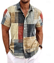 preiswerte -Herren Hemd leinenhemd Retro-Shirts Vintage-Shirt Ethnisches Hemd Schottenstoff Kariert Outdoor Heim Blau Kaki Grau Kurzarm Umlegekragen Sommer Bekleidung