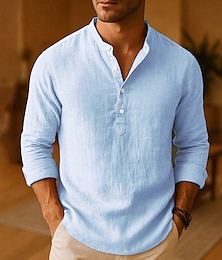 voordelige -Voor heren Overhemd Linnen overhemd Popover-shirt Normaal shirt Katoenen shirt Effen Vakantie Hawaii Zwart Wit Leger Groen Grijs Lange mouw Band Kraag Lente Herfst Kleding
