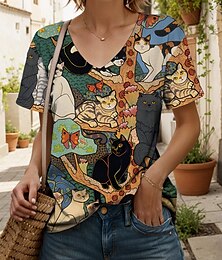 economico -Per donna Maglietta Grafico Animale Gatto Vintage Elegante Classico Manica Corta Scollo a V Top Regolari Quotidiano Stampato Giallo Rosa Blu Viola Arancione Estate Primavera