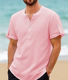 economico -Per uomo Camicia Camicia di lino Camicia popover Camicia casual Camicia di cotone Semplice Vacanza Streetwear Nero Bianco Rosa Cachi Manica Corta Colletto alla coreana Estate Abbigliamento