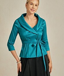 abordables -Mujer Blusa Tops de noche Elegante Metálico Moderno Manga 3/4 Escote en Pico Tops regulares Invitado a la boda Fiesta de Noche Semi-formal corbata frontal Verde azulado profundo Primavera, Otoño