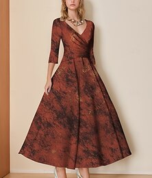 economico -Abiti da cocktail a trapezio in jacquard ruggine, eleganti, abiti da cerimonia, lunghi fino al pavimento, maniche a 3/4, scollo a V, in raso con pieghe e arricciature, 2025