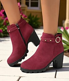 abordables -Botines de ante sintético burdeos para mujer: botines de moda con tacón grueso y tira con tachuelas para looks de otoño, fiestas y compras.
