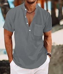 abordables -Hombre Camisa Camisa de lino Camisa con cuello mao Camisa de verano Ropa de playa Plano Vacaciones Calle Negro Blanco Azul Piscina Gris Manga Corta Cuello alto Verano Primavera Ropa Bolsillo