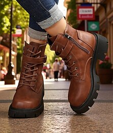 abordables -Botas de combate marrones con cordones para mujer, cremallera lateral y suela gruesa con tacos: elegantes botines para exteriores para otoño, invierno y ropa urbana informal.