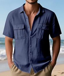 economico -Per uomo Camicia Camicia di lino Camicia Estiva Abbigliamento da spiaggia Camicia con Bottoni Camicia cargo Tinta unica Vacanza Streetwear Nero Bianco Blu marino Blu Manica Corta Collo ripiegato