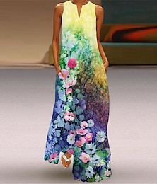 abordables -Femmes Robe Longue Maxi Robe Robe Décontractée Robe d'été Mode Classique Moderne Extérieur Vacances Fête Coupe régulière Fleur Sans manches Col en V Jaune Été