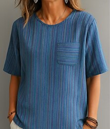 economico -Per donna Blusa A righe Elegante Casual Mezza Manica Girocollo Top Regolari Quotidiano Stampato Blu Verde Cachi Estate Primavera Autunno
