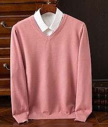 abordables -Hombre Suéter de punto Estriado Tejer Tops regulares De Punto Plano Escote en Pico Moda Básico Vacaciones Ropa Cotidiana Ropa Otoño Invierno Color Camello Vino S M L