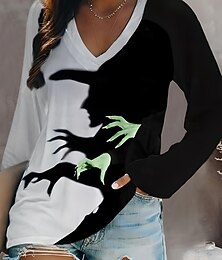 abordables -T-shirt pour femmes Halloween sorcière à manches longues col en V tunique graphique décontractée élégante vintage élégante tops réguliers quotidien sorties week-end imprimé violet vert gris foncé