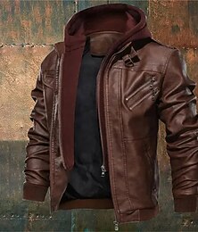 お買い得  -男性用 レザージャケット バイカージャケット オートバイのジャケット バケーション 日常 防風 保温 ポケット 秋 冬 平織り ファッション クラシック フード付き レギュラー ブラック コーヒー グレー ジャケット