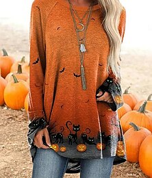 baratos -Halloween Mulheres Camiseta Gráfico dia das Bruxas Vintage à moda Casual Manga Longa Gola Redonda Tops longos Diário Imprimir Preto Branco Amarelo Laranja Primavera Outono