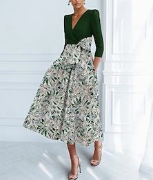 economico -Abiti da cocktail a trapezio in jacquard floreale, eleganti, abiti da cerimonia, da sposa, lunghezza tè, lunghezza midi, maniche a 3/4, scollo a V, crêpe elasticizzata con fiocco(i), pieghe, tasca
