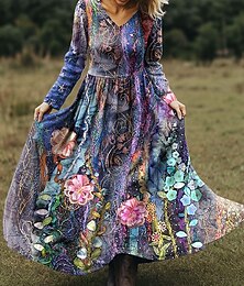ieftine -Pentru femei Rochie Maxi Rochie A line Vacanță Casual Boho Plajă Fit regulat Floral Grafic Fluture Manșon Lung În V Roz Îmbujorat Mov Bej Primăvară Toamnă