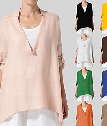 お買い得  -女性用 シャツ リネンシャツ 平織り 日常 スタイリッシュ ベーシック 長袖 Ｖネック レギュラートップス ワーク 日常 祝日 ブラック ホワイト ピンク 春 秋