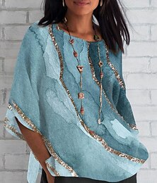 baratos -Mulheres Camisa Social impressão de mármore Diário Casual Manga 3/4 Gola Redonda Tops regulares Diário Feriado Imprimir Azul Marinha Azul Real Azul Azul Céu Azul empoeirado Verão Primavera Outono