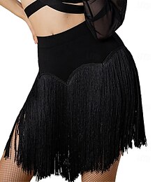 ieftine -Fustă scurtă mini cu franjuri negre pentru femei, cu pantaloni scurți, elastică, pentru dansuri latino-salsa, discotecă, rave