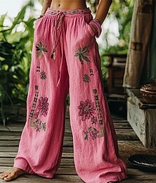 baratos -Mulheres Perna larga Calças Calça Palazzo Moda Boho Comprimento total Cintura Alta Flor Cintura elástica Com Cordão Imprimir Respirabilidade Confortável Rua Roupa Diária Para Noite Rosa claro
