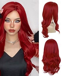 abordables -Perruques rouges chaudes de 22 pouces de long pour femmes perruque bouclée de partie latérale vague taille moyenne fibre synthétique cosplay lierre vénéneux perruque Ariel pour la fête costumée