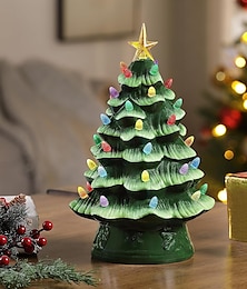 abordables -Árbol de Navidad de cerámica, árbol de Navidad de Papá Noel iluminado de mesa con luces multicolores y estrella, árbol de cerámica vintage preiluminado que funciona con pilas para decoraciones
