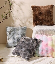 baratos -Almofada de luxo com pele de coelho sintética - almofada de pelúcia dupla face com enchimento, almofada quadrada decorativa com estampa de arco-íris tie-dye para sofá ou quarto
