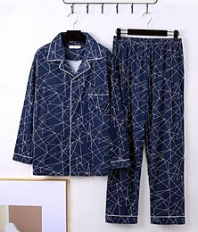 billige -Herre Nattøy Pyjamas Sett Pyjamas topp og bukse 1set Bokstaver Geometrisk Mote Stilfull Klassisk Hjem Daglig Seng Polyester Komfort Myk Pustende Knaphul Langermet Skjorte Bukse Elastisk midje Knapper