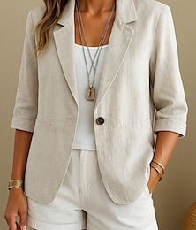 abordables -Blazer de lino y algodón para mujer, cómodo, transpirable, con bolsillos, informal, liso, para oficina, calle, uso diario, botonadura sencilla, cuello vuelto, corte regular, manga larga, prenda exterior, amarillo, rosa, albaricoque, verano, primavera.