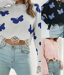 economico -Per donna Maglione Casual Farfalla Spesso Girocollo Lavorato a maglia Manica Lunga Top Regolari Maglia Quotidiano Ferie Uscire Nero Bianco Autunno Inverno