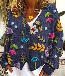 abordables -Femmes Pull Cardigan Mode Streetwear Quotidien Fleuri Côtelé Col en V Tricoté Imprimé manche longue Hauts Réguliers Tricoter Fête Sortir Week-end Bleu Bleu de minuit Automne Hiver