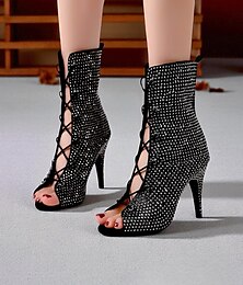ieftine -Ghete de dans peep-toe pentru femei cu strasuri - ghete cu toc scurt și șireturi strălucitoare pentru dansuri latine și spectacole pe scenă