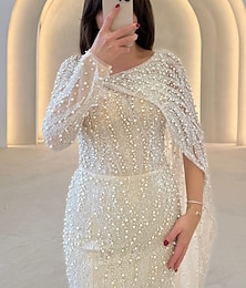 ieftine -Rochie de seară elegantă, tip sirenă, albă, cu cravată neagră, pentru oaspeți, rochie formală de nuntă, lungime până la podea, mânecă lungă, decolteu în V, paiete cu șal cu crăpături și sclipici, 2025