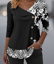 baratos -Mulheres Camiseta Gráfico Tribal Elegante Moda Casual Manga Longa Gola Redonda Decote V Tops regulares Diário Patchwork Botões Imprimir Preto Rosa Azul Roxo Verde Primavera Outono Inverno