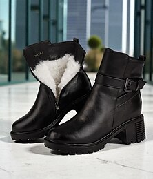 baratos -Botas femininas de couro preto - botas de inverno de salto médio com forro de pele quente, zíper lateral e fivela para clima frio, trabalho &roupas para atividades ao ar livre