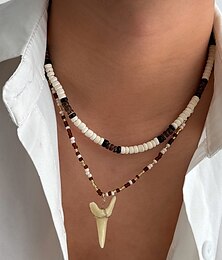 abordables -Collar de cuentas tribales multicapa para hombre con colgante de diente acrílico: joyería bohemia informal para uso diario, playa y eventos al aire libre.