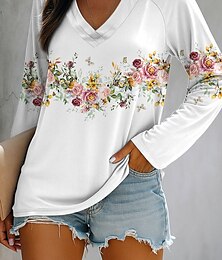 baratos -Mulheres Camiseta Floral Gráfico Plantas Elegante Vintage à moda Manga Longa Decote V Tops regulares Diário Para Noite Final de semana Imprimir Branco Rosa Azul Verde Verão Primavera Outono