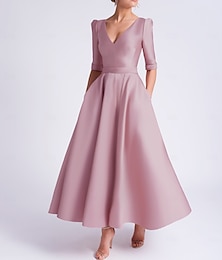 economico -Abito Ospite di Matrimonio A-Line Abiti da Cocktail Matrimonio in Spiaggia Vestito Elegante Abito Formale Ospite di Matrimonio Lunghezza Al Tea Mezzo Manica V Collo Sartoria con Tasche Abiti