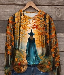 baratos -Mulheres camisolas Gráfico Bruxa Casual Manga Longa Gola Redonda Tops regulares Rua Casual Imprimir Laranja Outono Inverno