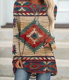 economico -Per donna Maglietta Grafico Geometrico Vintage Elegante Classico Manica Lunga Girocollo Top Regolari Quotidiano Stampato Rosso Arancione Verde Cachi Primavera Autunno