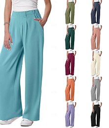 baratos -Mulheres Perna larga chinês Casual Comprimento da panturrilha Natural Tecido Bolsos laterais Perna larga Confortável Respirabilidade Casual / Diário Adamascado Preto Rosa claro Vinho Primavera Outono