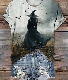 abordables -T-shirt Halloween femme graphique sorcière vintage stylé classique à manches courtes col rond haut régulier impression quotidienne week-end vert sauge jaune bleu orange gris été printemps automne