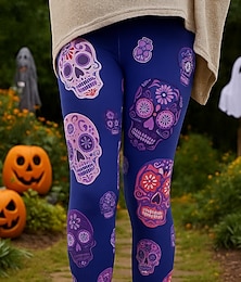 billige -Dame Leggings Ferie Årgang Etnisk stil Ankel-lengde Høy MidjePantsHalloween Grafisk Hodeskaller 3D-utskrift Hurtigtørkende Pusteevne Myk Høy Elastisitet utendørs Hjem Avslappet Sjø blå Lilla Høst