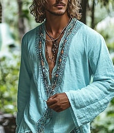 economico -Per uomo Camicia Camicia di lino Camicia popover Camicia Estiva Abbigliamento da spiaggia Semplice Vacanza Ferie Azzurro cielo Manica Lunga Scollo a V profondo Estate Primavera Abbigliamento Etnico