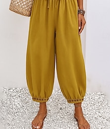 abordables -Pantalon chino en coton pour femme, vintage, basique, pleine longueur, taille haute, uni, poche, cordon de serrage, confortable, extérieur, extensible, vacances, rue, décontracté, blanc, jaune, kaki, beige, été, printemps, automne, coupe ample