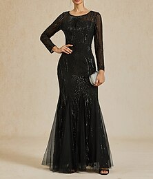 billige -Havfrue Quinceanera kjoler Elegant Kjole Formell Bryllup Gulvlengde Langermet Crew-hals Polyester med Paljett 2025