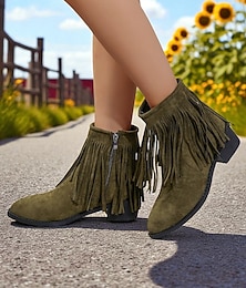 baratos -Botas femininas de camurça sintética com franjas – botas curtas de salto baixo estilo western para looks de outono, streetwear casual e eventos ao ar livre