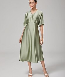 ieftine -Rochie midi pentru femei, cu pliuri inversate, decolteu în V, mâneci dolman, elegantă, casual, zilnic, primăvară-vară-toamnă
